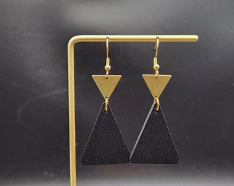 Black Triangle Earrings - Black Wooden Earrings, Black Wood Earrings, Black Jewelry, Wooden Jewelry, Geometric Black and Gold Earrings