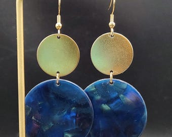 Blue Statement Earrings • Marbled Acrylic and Brass Earrings • Galaxy Inspired Dangle Earrings • Bold Modern Jewelry • Large Circle Earrings