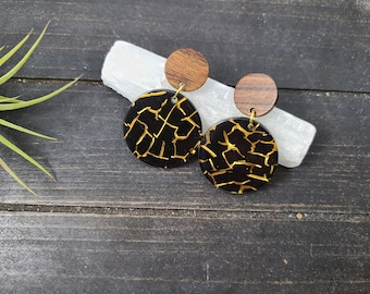 Round Wood and Acrylic Drop Earrings with Stud Closure, Dangling Black and Gold Crackle Faux Marble Acrylic and Wooden Drop Earrings