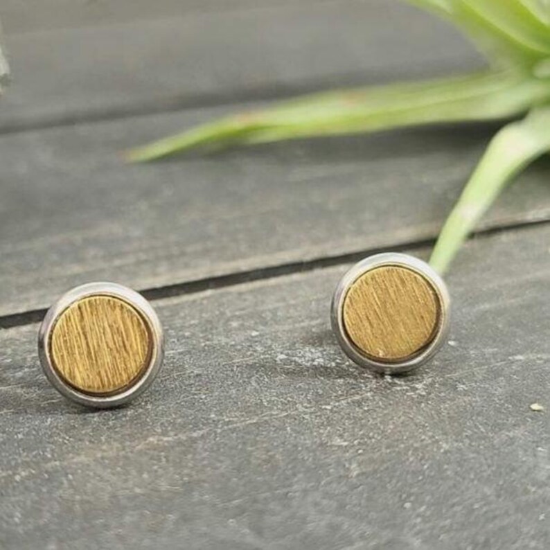 Mixed Metal Stud Earrings • Silver and Brushed Gold Studs • Minimalist Everyday Earrings • Modern Simple Jewelry image 3