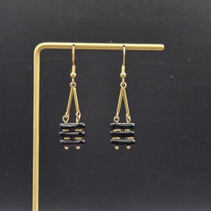 Black Gold Earrings - Black and Gold Geometric Earrings, Trapeze Earrings, Funky Dangle Earrings, Unique Black Earrings, Date Night Jewelry
