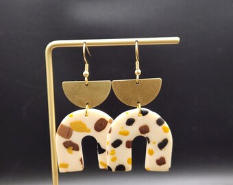 Polymer Clay Earrings - U Shaped Earrings, Fall Dangle Earrings, Arch Earrings, Brown White Earrings, Unique Earrings, Clay Dangle Earrings