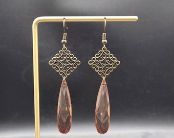 Pink Teardrop Earrings - Pink Acrylic Earrings, Pink Drop Earrings, Bronze Dangle Earrings, Filigree Earrings, Lightweight Pink Earrings