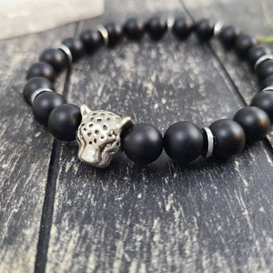 Men&#39;s Gemstone Bracelet - Leopard Bracelet, Leopard Jewelry, Men&#39;s Onyx Bracelet, Black and Silver Beaded Bracelet, Cheetah Bracelet