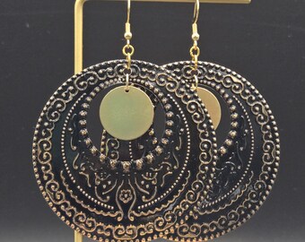 Black and Gold Statement Earrings • Large Hoop Dangles • Brass Coin Earrings • Bold Boho Jewelry • Dramatic Drop Earrings