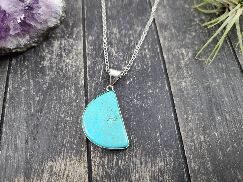 Turquoise Blue Half Moon Necklace Turquoise Dyed Howlite Semi-circle Necklace Blue Howlite Pendant Necklace on Stainless Steel Chain