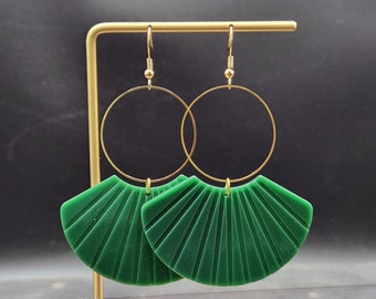 Green Statement Earrings - Green and Gold Earrings, Green Acrylic Earrings, Big Green Earrings, Green Dangle Earrings, Green Drop Earrings