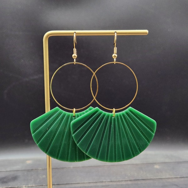 Green Statement Earrings - Green and Gold Earrings, Green Acrylic Earrings, Big Green Earrings, Green Dangle Earrings, Green Drop Earrings