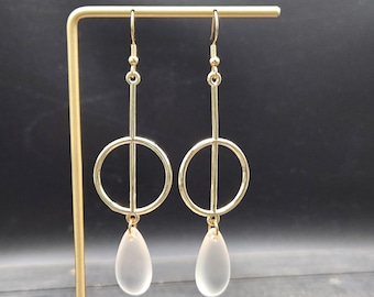 Frosted Glass Jewelry - Long Gold Earrings with Czech Glass Beads, Hypoallergenic Czech Glass Earrings, Lightweight White & Gold Earrings