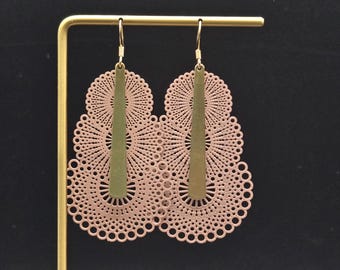 Pink and Gold Statement Earrings • Architectural Brass Dangles • Lightweight Filigree Earrings • Modern Graphic Jewelry • Bold Playful Style