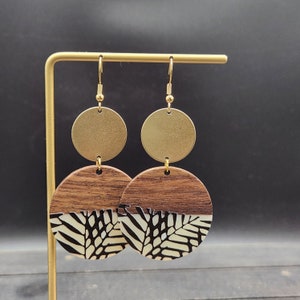 Wood Resin Earrings - Black and White Earrings, Big Wooden Earrings, Criss Cross Earrings, Wooden Dangle Earrings, Round Wood Earrings