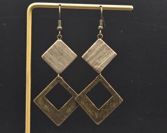 Marble and Bronze Earrings • Square Geometric Dangle Earrings • Neutral Statement Jewelry • Antiqued Bronze Drops