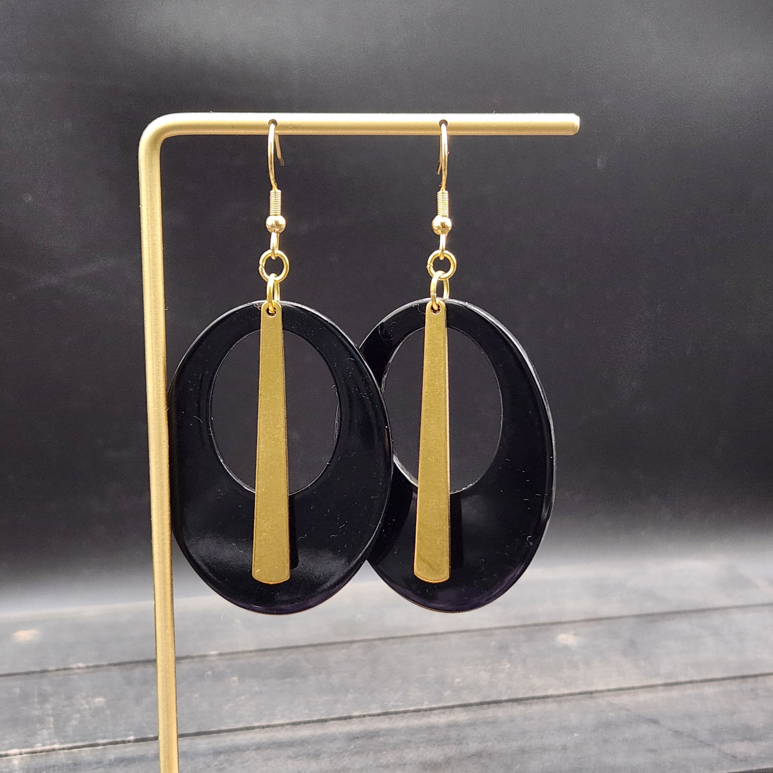 Oval Drop Earrings Black and Gold Statement Earrings Black Acrylic Earrings Retro Earrings Big Black Earrings Black Dangle Earrings Etsy