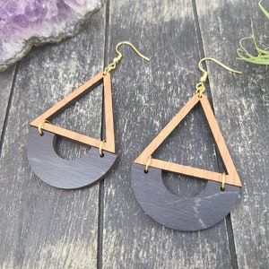 Wooden Statement Earrings - Hypoallergenic Black & Brown Earrings, Lightweight Wooden Earrings, Big Wood Earrings, Geometric Wooden Earrings