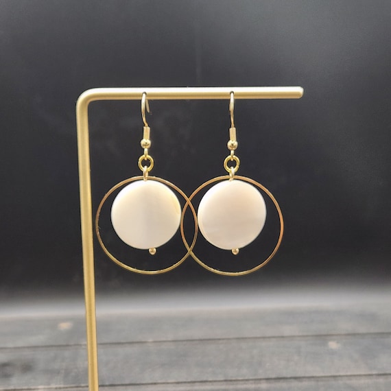 Open Circle Hoop Earrings with Half Moon Shell Dangles Open Circle Hoop Earrings with Half Moon Shell Dangles
