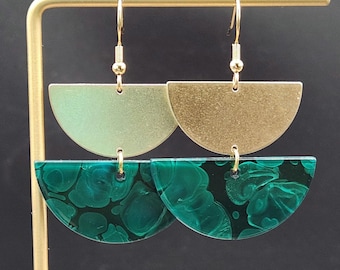 Green Half Moon Earrings • Brass and Acrylic Dangles • Modern Geometric Earrings • Lightweight Everyday Earrings • Minimal Statement Jewelry