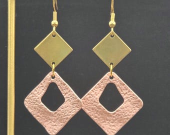 Pink & Gold Diamond Earrings • Geometric Statement Earrings • Hammered Brass Dangle Earrings • Modern Funky Earrings