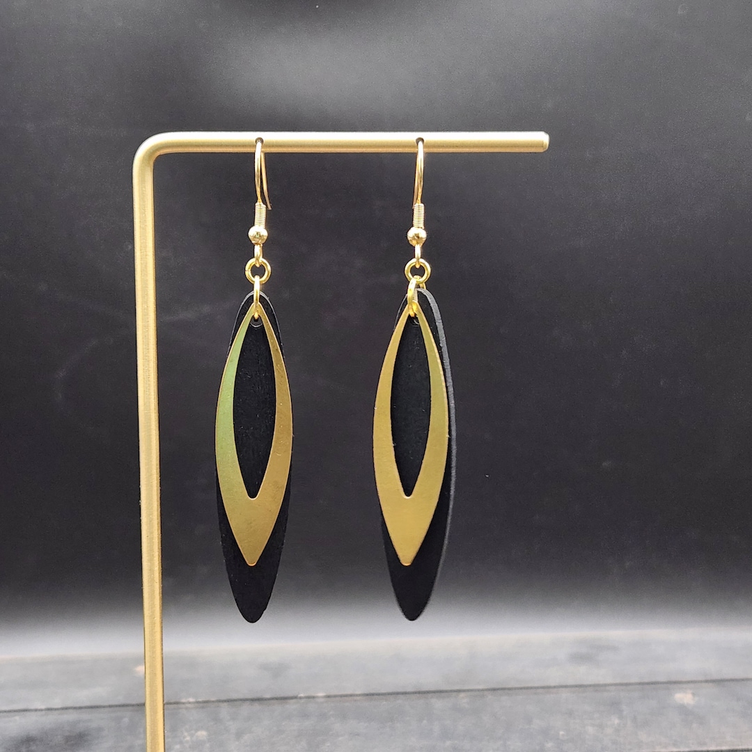 Black Wooden Earrings Lightweight Black Statement Earrings, Black Oval