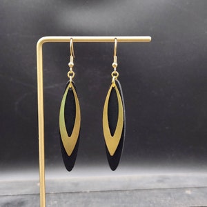 Black Wooden Earrings - Lightweight Black Statement Earrings, Black Oval Earrings, Black and Gold Earrings, Wooden Jewelry, Layered Earrings