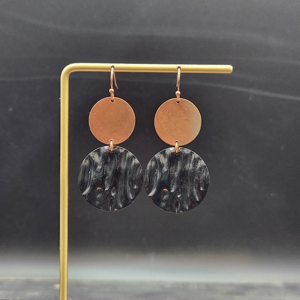 Rose Gold Earrings - Black and Rose Gold Earrings, Funky Dangle Earrings, Black Statement Earrings, Date Night Jewelry, Wavy Earrings