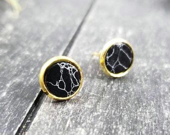 Black and Gold Stud Earrings • Black Marble Howlite Studs • Minimalist Gold Stainless Steel Earrings