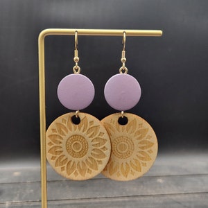 Purple Floral Earrings - Purple Flower Earrings, Floral Earrings Dangle, Wooden Statement Earrings, Purple Wood Earrings, Big Wood Earrings