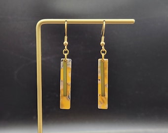 Mustard Yellow Bar Earrings • Marbled Acrylic Dangle Earrings • Lightweight Modern Jewelry • Colorful Geometric Earrings • Handmade Earrings