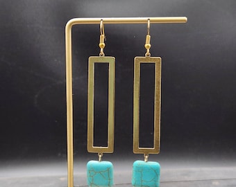 Turquoise Statement Earrings • Turquoise and Gold Earrings • Turquoise Dangle Earrings • Long Rectangle Earrings • Brass Earrings