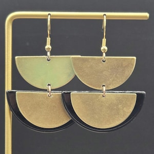 Black and Gold Half Moon Earrings • Geometric Acrylic & Brass Dangle Earrings • Two Tone Statement Jewelry