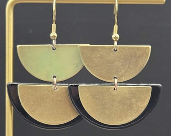 Black and Gold Half Moon Earrings • Geometric Acrylic & Brass Dangle Earrings • Two Tone Statement Jewelry