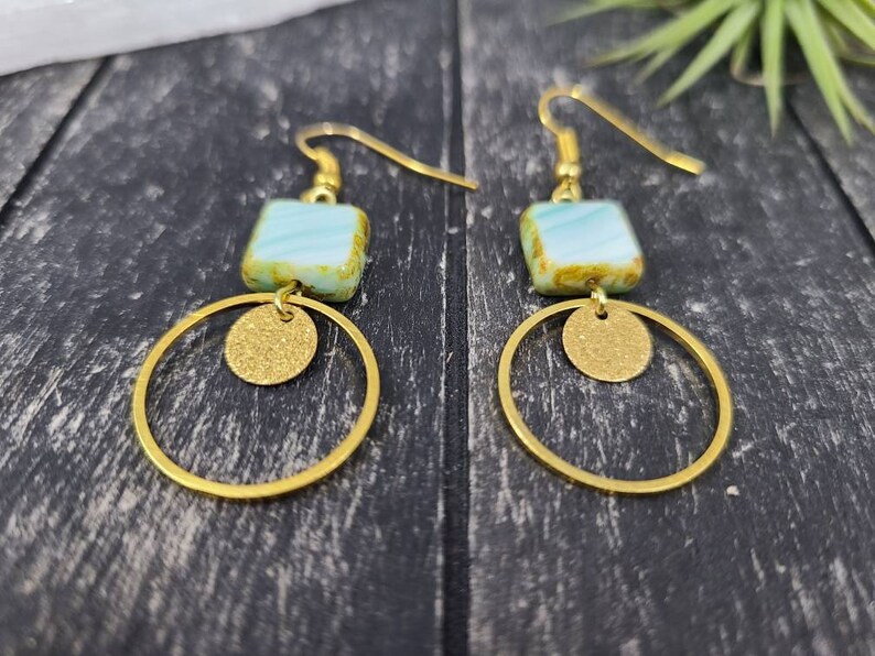 Hypoallergenic Light Blue Czech Glass Earrings Geometric Sky Blue and Gold Czech Glass Earrings Lightweight Blue and Gold Dangle Earrings