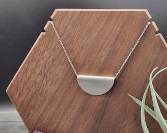 Silver Half Moon Necklace • Geometric Semicircle Pendant • Antique Silver Minimalist Necklace • Everyday Jewelry
