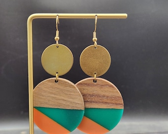Wood Resin Earrings - Colorful Wooden Earrings, Orange Dangle Earrings, Teal Blue Earrings, Big Wooden Earrings, Vibrant Statement Earrings