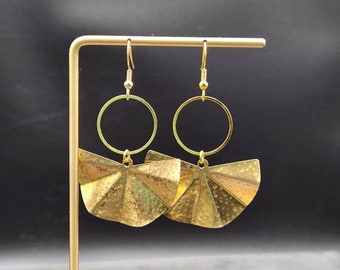 Gold Fan Earrings - Funky Geometric Brass Fan Earrings, Lightweight Brass Statement Earrings, Hypoallergenic Gold Tone Date Night Earrings