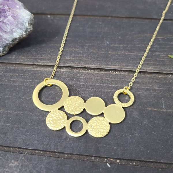 Raw Brass Hammered Geometric Circle Ring Statement Necklace, Custom Length Large Brass Circle Bib Necklace, Geometric Statement Jewelry