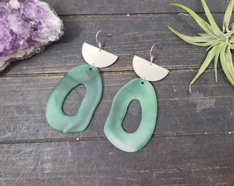 Green Resin Earrings - Hypoallergenic Green Statement Earrings, Large Green Dangle Earrings, Big Green Earrings, Green and Silver Earrings