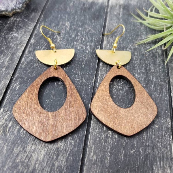 Wooden Teardrop Earrings - Lightweight Wooden Earrings, Wood Gold Earrings, Hypoallergenic Wooden Statement Earrings, Big Wooden Earrings