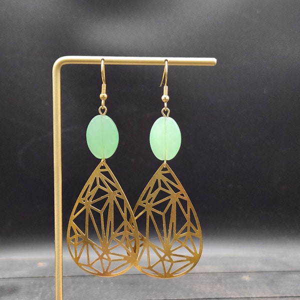 Seafoam Green Earrings - Geometric Green and Gold Teardrop Earrings, Green Earrings, Hypoallergenic Green Glass & Brass Statement Earrings