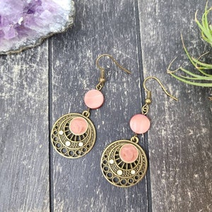 Soft Red and Bronze Circle Drop Earrings, Lightweight Red Mother of Pearl Enamel and Bronze-toned Metal Dangle Earrings