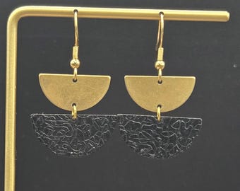 Black and Gold Earrings • Brass Semicircle Earrings • Geometric Dangle Earrings • Modern Black Earrings • Everyday Earrings