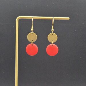 Red Wooden Earrings - Hypoallergenic Red and Gold Earrings, Lightweight Wooden Earrings, Wood Circle Earrings, Red Christmas Earrings