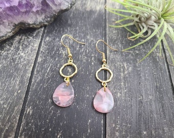 Pink Teardrop Earrings - Pink Acrylic Earrings, Pink and Gold Earrings, Pink Drop Earrings Gold, Hypoallergenic Pink Dangle Earrings