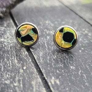 May include: A pair of silver stud earrings with a black and yellow abalone shell design.