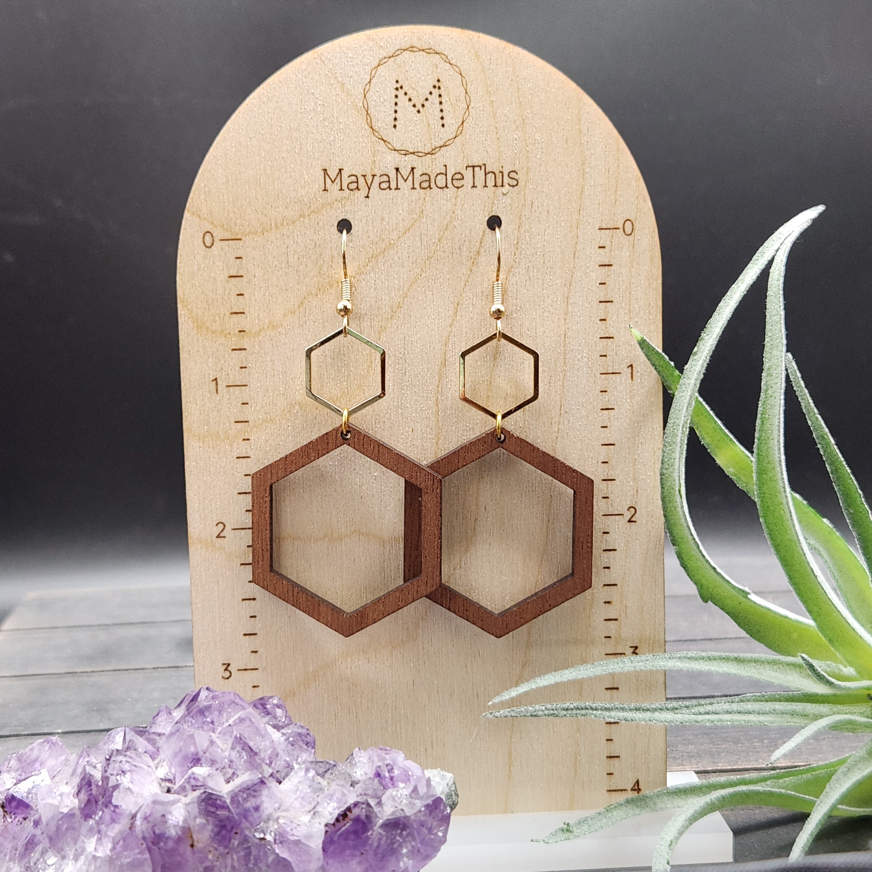 洋銀　鏝 Geometric Wood Earrings - Hexagon Earrings, Lightweight