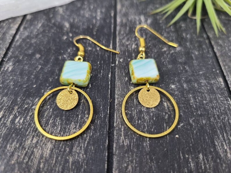 Hypoallergenic Light Blue Czech Glass Earrings Geometric Sky Blue and Gold Czech Glass Earrings Lightweight Blue and Gold Dangle Earrings