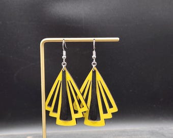 Yellow Fan Earrings • Art Deco Earrings • Geometric Dangle Earrings • Colorful Statement Earrings • Lightweight Earrings