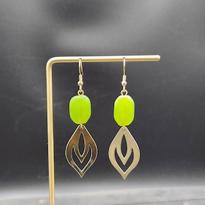 Lime Green Earrings - Bright Green Earrings, Green Dangle Earrings, Green Drop Earrings, Lampwork Glass Earrings, Green and Gold Earrings