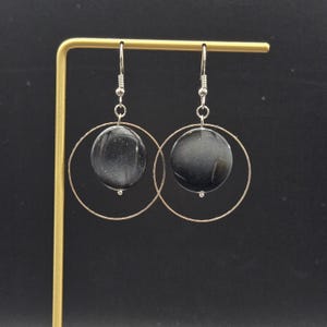 Real Shell Earrings - Black & Silver Shell Dangle Hoop Earrings, Seashell Hoop Dangle Earrings, Round Shell Earrings, Black Shell Earrings