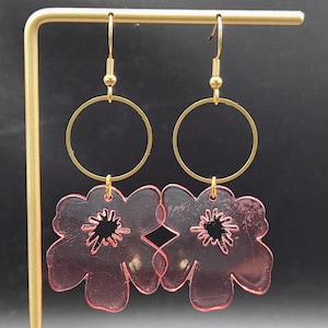 Pink Hibiscus Earrings • Translucent Acrylic Flower Dangles • Hypoallergenic Gold Hoop Drop Earrings • Lightweight Statement Jewelry
