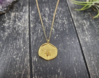 Gold Bee Necklace • Minimalist Honeycomb Pendant • 24k Gold Plated Brass • Dainty Layering Necklace • Bee Lover Gift